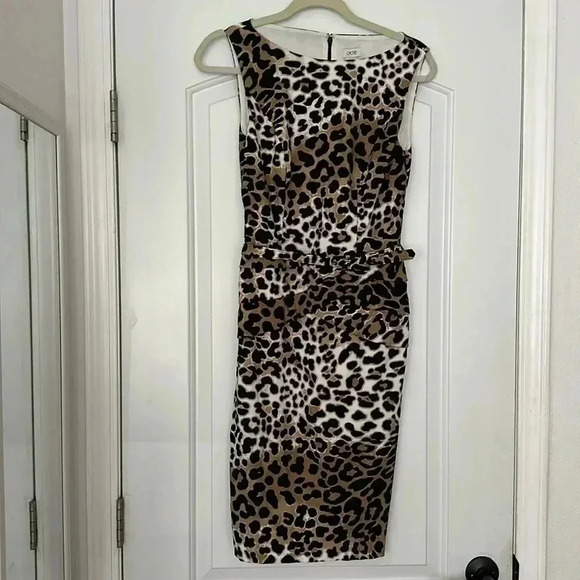 Cache Leopard Animal Print Rushed Sleeveless Sheath Dress Belted Sz 2 - Picture 1 of 9